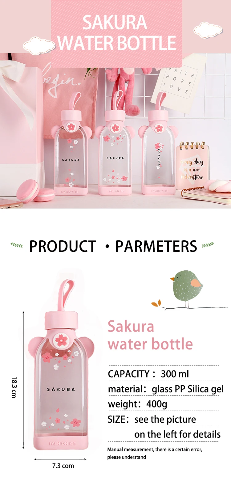 Kawaii Sakura Glass Water Bottle Portable Leak Proof Transparent