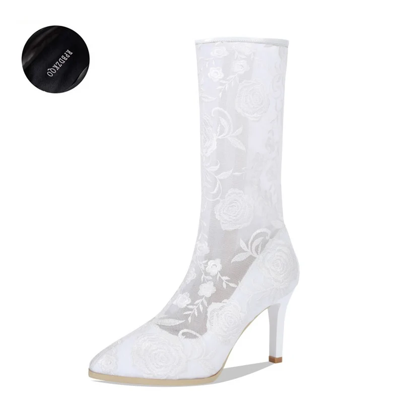 summer mesh high heel white thin brand women lace stiletto pointed toe embroidery shoes sandals embroidered black side zip boots