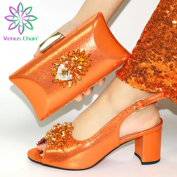 

Summer New Design Nigerian Women Shoes and Bag Set in ORANGE Color Heeled shoes Italian Women Shoes and Bag Set for Wedding