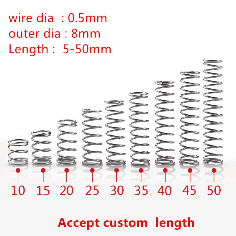 

20Pcs/lot 0.5mm 0.5x8mm Stainless Steel compression spring wire diameter 0.5mm outer diameter 8mm length 5-50mm