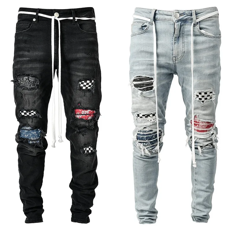 

2021 European and American new men's high-end self-cultivation ripped feet pants trendy men's patch jeans