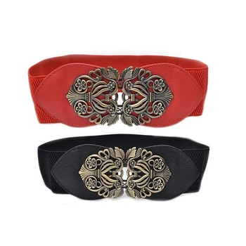 

2x Women's Retro Flower Elastic Stretch Buckle Wide Waist Belt Waistband (Red&Black)