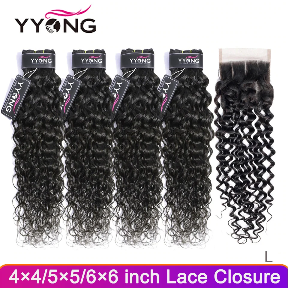  Yyong 3/4 Water Wave Bundles With Closure Brazilian Hair Weave Bundles With Closure Human Hair With