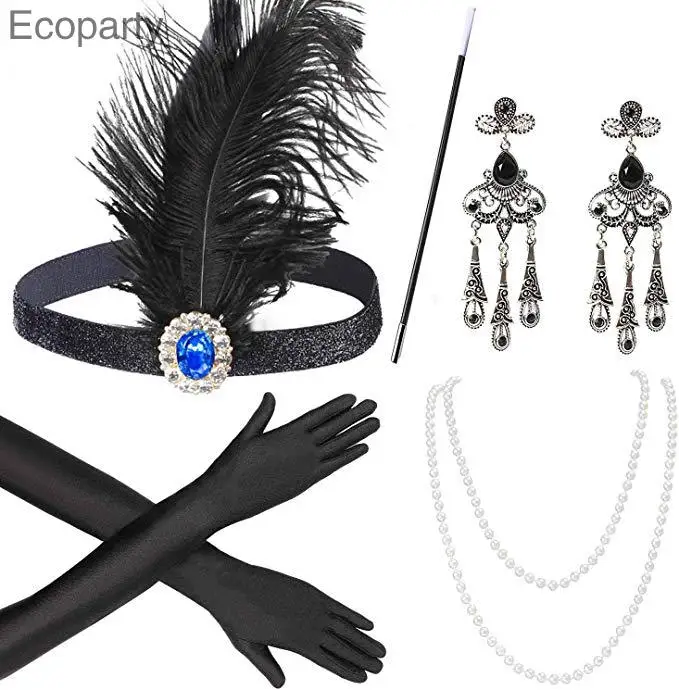 Аксессуары Ecoparty 1920 s, повязка на голову, ожерелье, перчатки, держатель для сигарет, костюм, аксессуары, набор для женщин