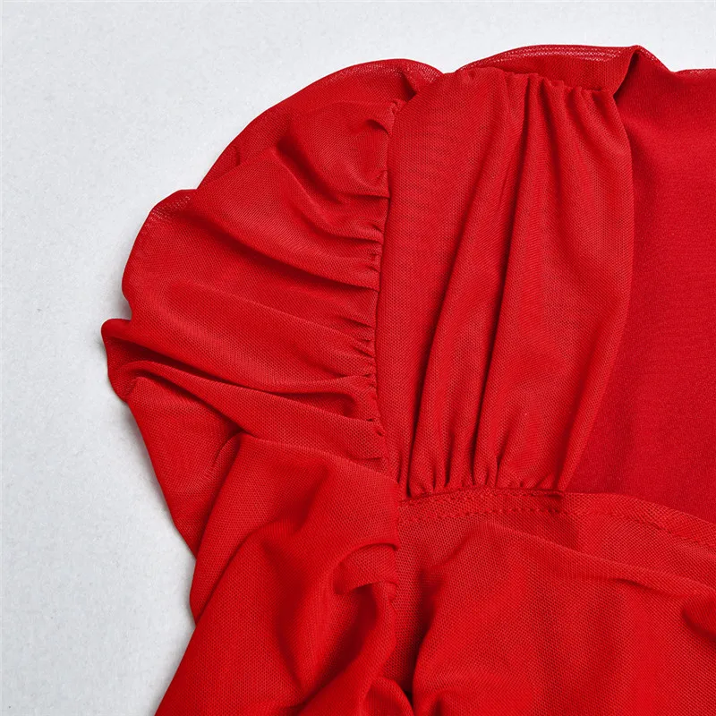 NewAsia Garden, сексуальное Двухслойное Сетчатое платье, женское облегающее платье, квадратный воротник, длинный рукав, красные однотонные мини-платья с рюшами