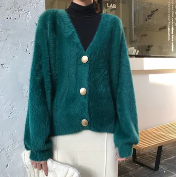 

New Solid Elegant Women Cardigans Casual V-Neck Mohair Knitted Women Sweaters Coat Slim Autumn Winter Outwear Clothes Female