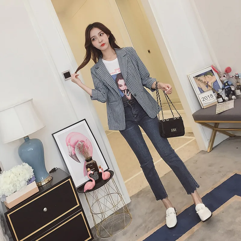 

Photo Shoot CHIC Small Suit Women's 2019 Autumn New Style Korean-style One-Button Single Suit Short Casual Vertical Striped outs