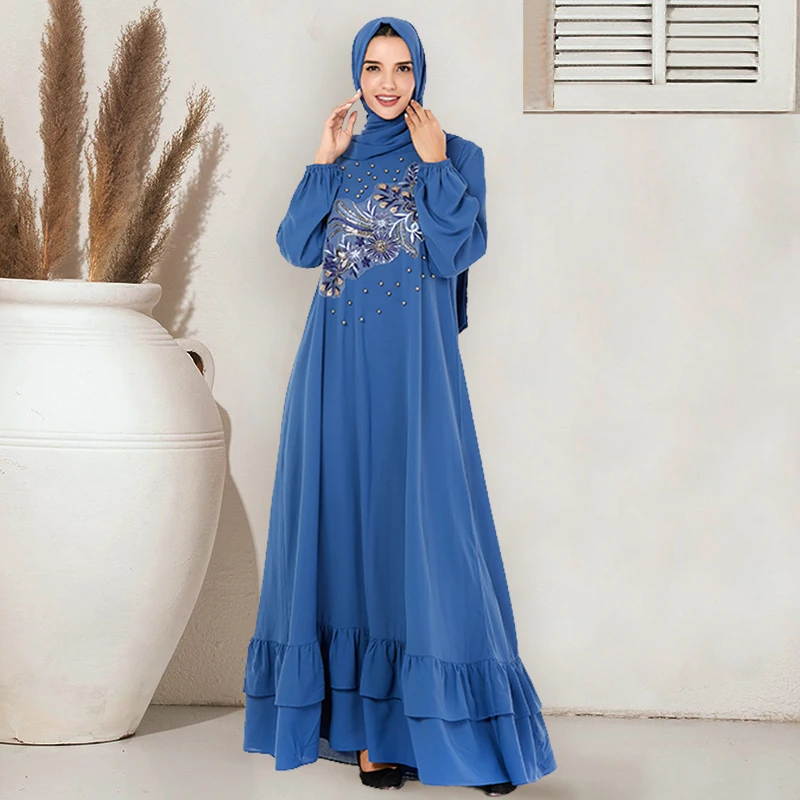 

Siskakia Muslim Abaya Dress Plus Size Blue Embroidered Sequined Beaded Long Dresses Lantern Sleeve Double Layer Ruffles Design