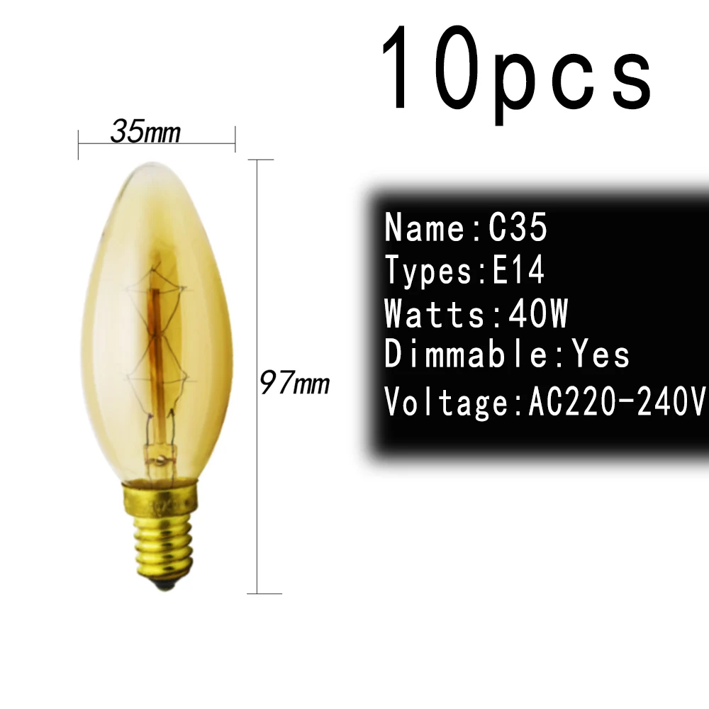 10 шт./лот C35 наконечник Винтаж Эдисон лампы E14 E27 220V 40W Глобус подвесной светильник в стиле ретро старинная лампочка нить накала дизайнерский Декор свет - Цвет: 10pcs C35
