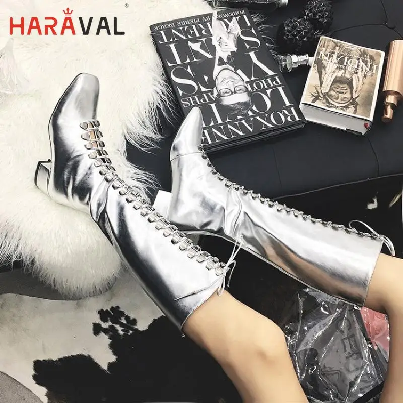 

Catwalk new fashion silver bright leather in the thick with square head strap personality wild female boots Knee boots women