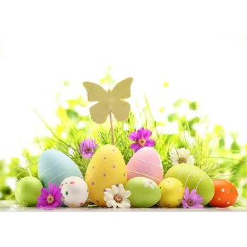 

Colorwonder Cartoon Colourful Eggs with Polka Dots and Flowers Background Yellow Butterfly 7x5ft White Backdrops for Easter Day