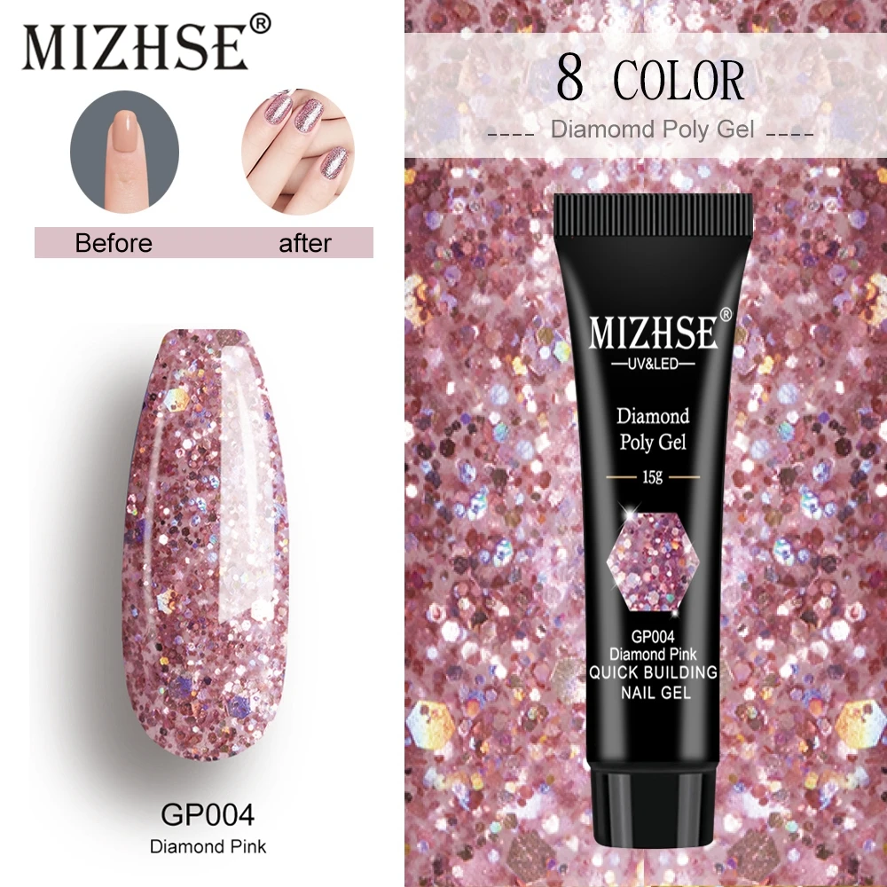 

MIZHSE Poly Gel For Nails Extensions UV Diamond Pink Sliver Sequins Gel For Finger Nail Building Glitter Polygel Nail Polish