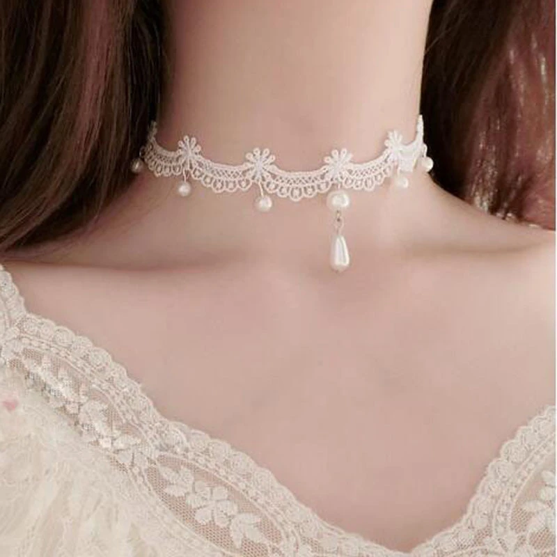 Gargantilla de ganchillo con apliques de encaje blanco con colgante de perlas de con patrón de flores Vintage para mujeres y niñas LL @ 17|Collares rígidos redondos| - AliExpress