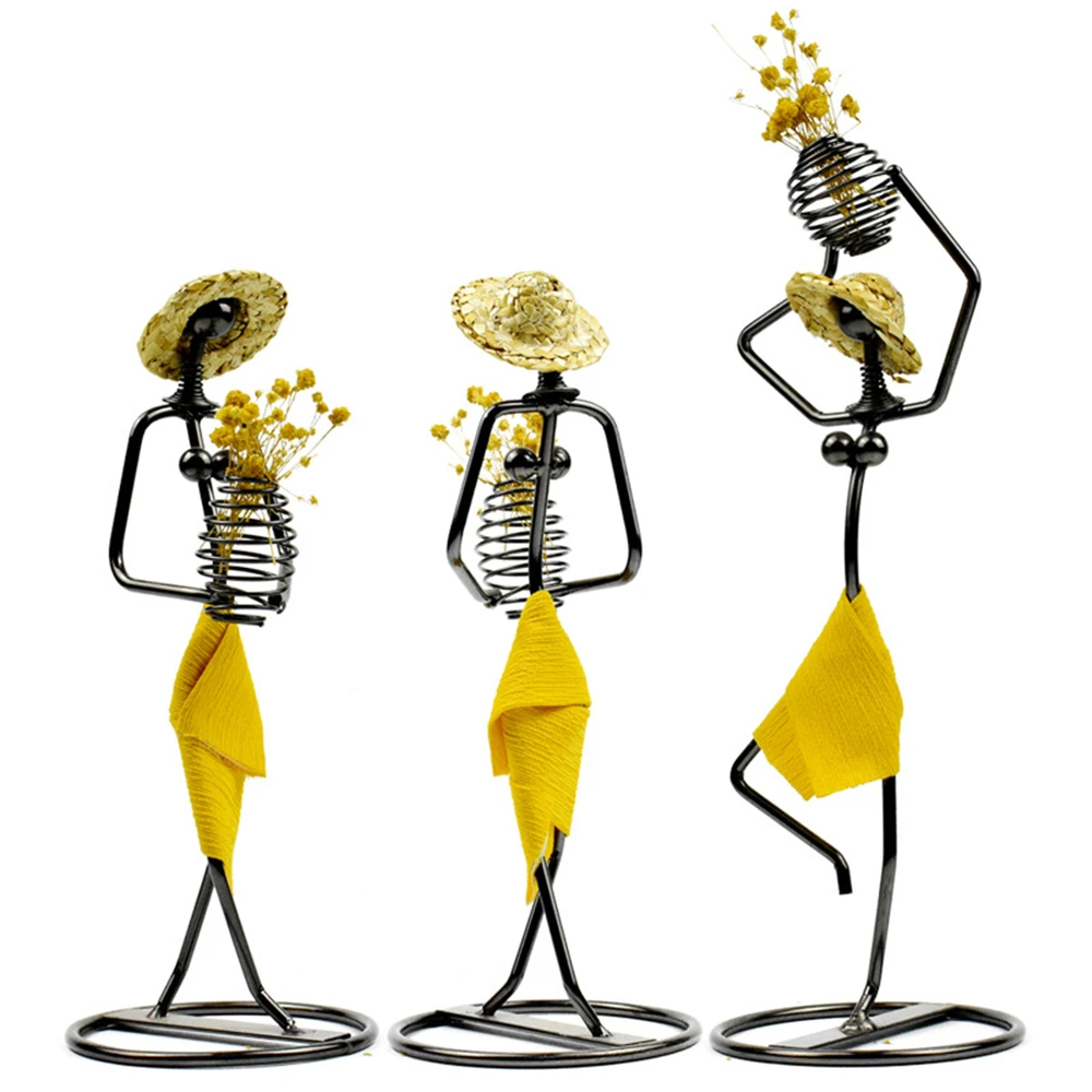 

Vintage Flowers Holder Vase Metal Iron Girl Yellow Skirt Cloth Straw Hat Figurines Craft Hotel Home Decoration Gift Ornaments 5