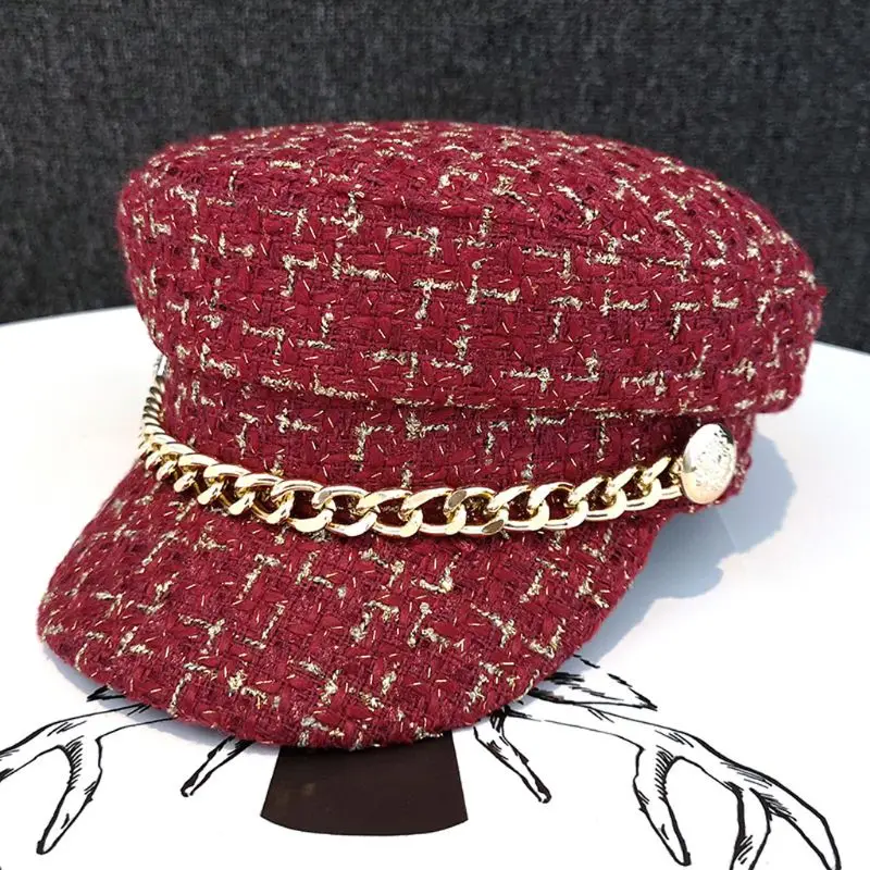 Женская винтажная твидовая шапка с металлической цепочкой, зимняя шапка в стиле ретро, Плоские береты, теплые шапки, Женская клетчатая Молодежная шапка LX9E
