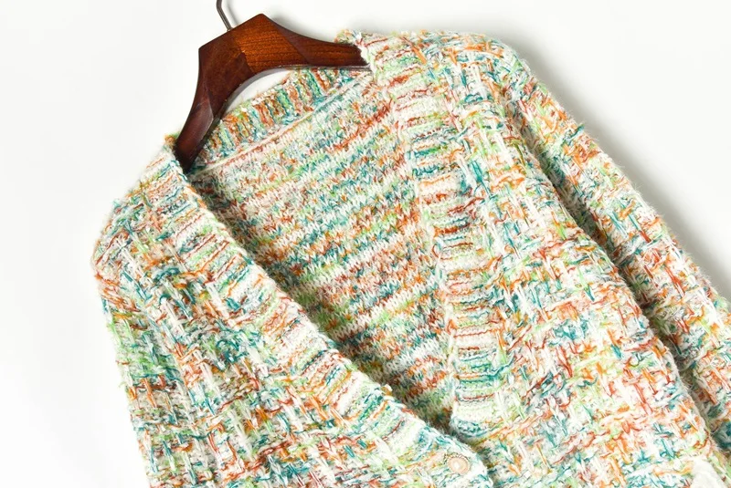 Роскошный брендовый дизайнерский вязаный кардиган для женщин винтажный v-образный вырез Бодкин разноцветный смешанный вязаный двойной карман вязаный свитер