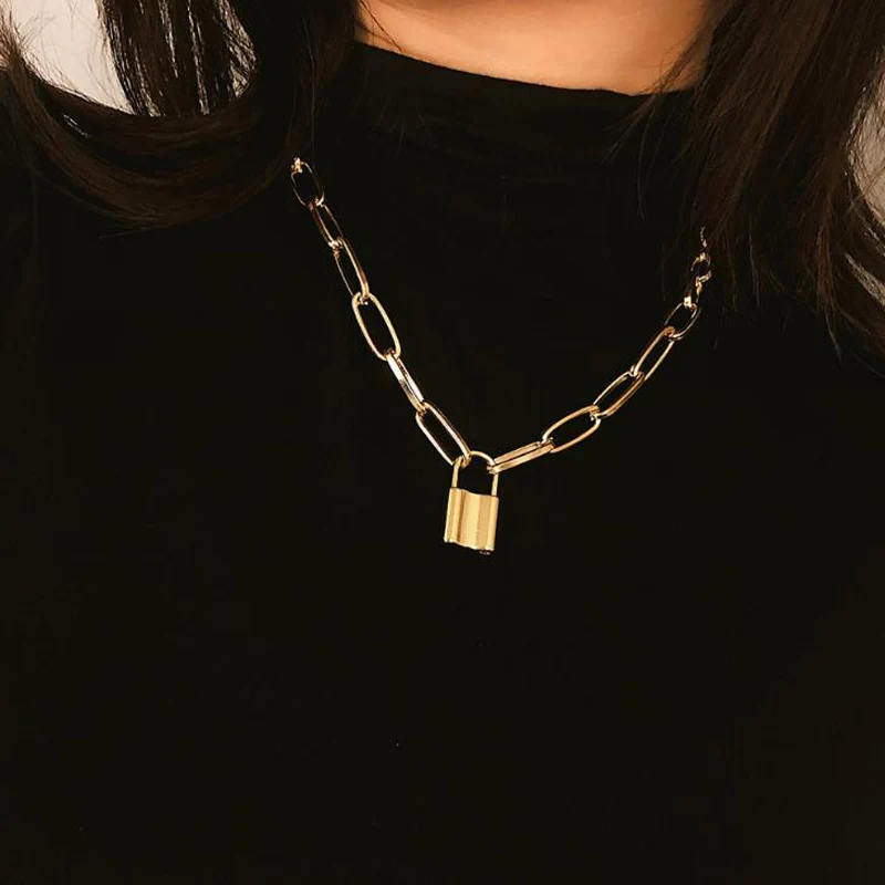 Rock Choker Lock Necklace For Women Christmas Gift 2020 Punk Gold Chunky Chain Mujer Key Padlock Pendant Necklaces Party Jewelry
