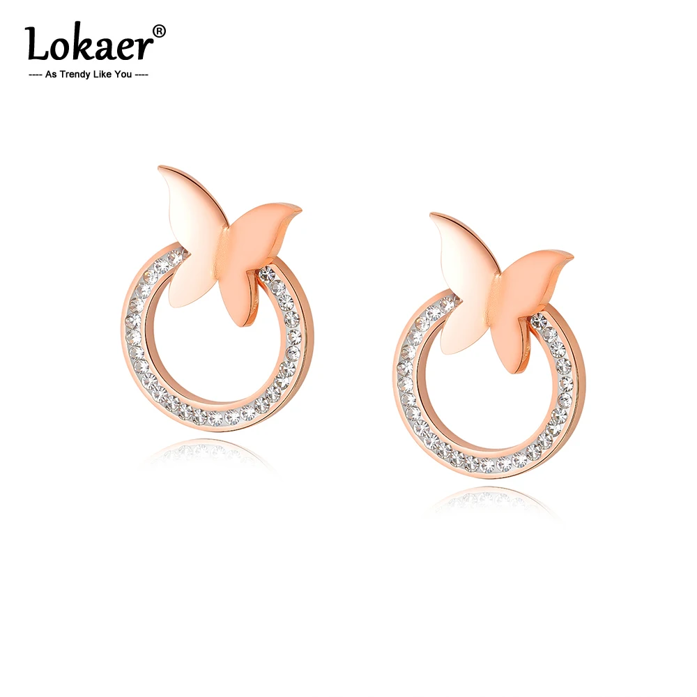 Lokaer Роскошные серьги гвоздики из розового золота с кристаллами и бабочкой