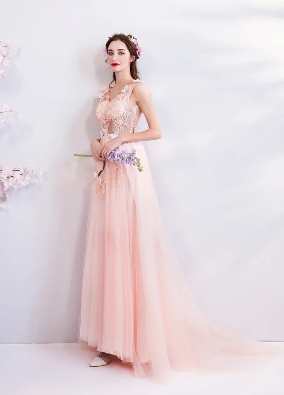 Светло-розовые платья для выпускного вечера vestido de graduacion V шеи Кружева Аппликация из бисера тюля прозрачные вечерние платья формальная вечеринка