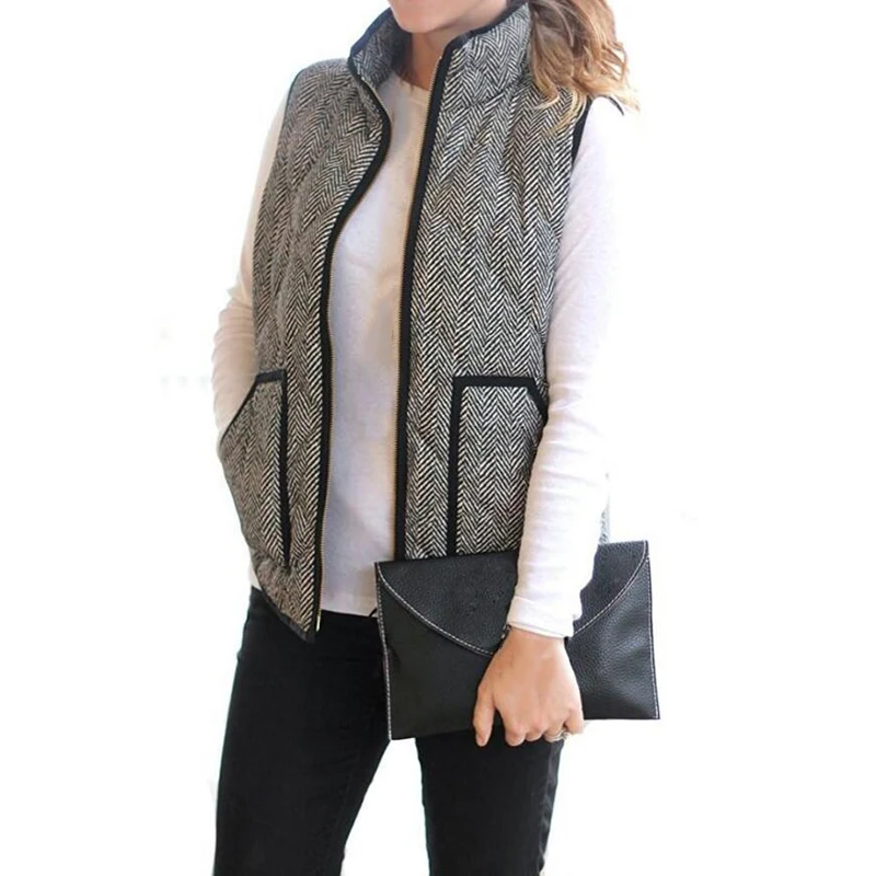 

Women Padded Vest Slim Fall Winter Herringbone With Zipper Coat Female Clothes