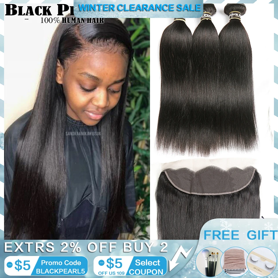 Black Pearl Brazilian Straight Hair Lace Frontal Closure With Bundles Non Remy Human Hair With Frontal 3 Bundles With Frontal