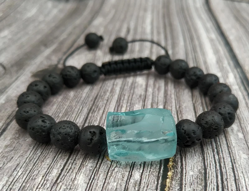 YA4042 Blue Glass Lava Stone Beads Knot Cord Bracelet Adjustable