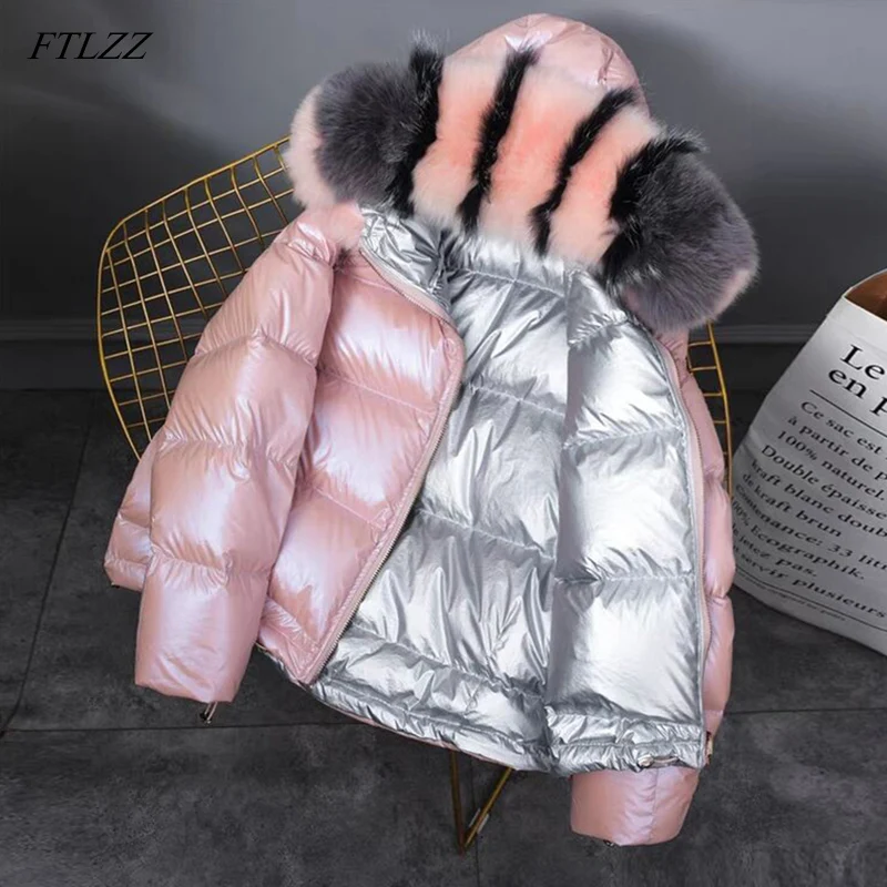 Winter Jacket Parkas Hooded Aritificial Down-Oversize Gold Double-Side Women Coat White-Duck-Down