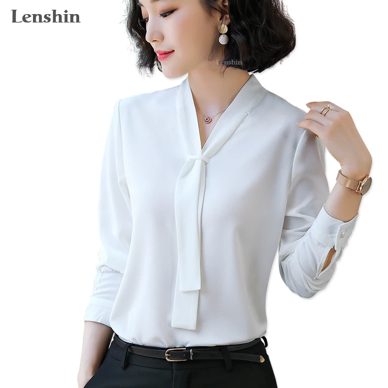 

Lenshin Tie Shirts for Women Soft and Comfortable Blouse with Bow Work Wear Office Lady Female Tops Chemise Loose style
