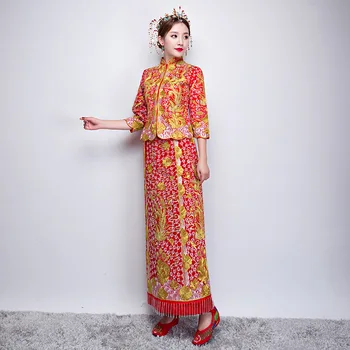 

Chinese Traditional Embroidery Dress Qipao Red Bride Vintage Wedding Cheongsam Oriental Party Dresses Robe Chinoise Dragon Long