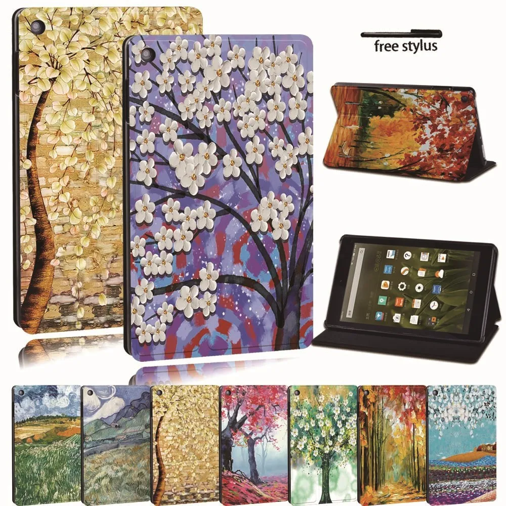 

For Amazon Fire 7 5/7/9th Gen / Fire HD 8 / 10 with alexa Printed Painting PU Leather Tablet Stand Folio Cover Case