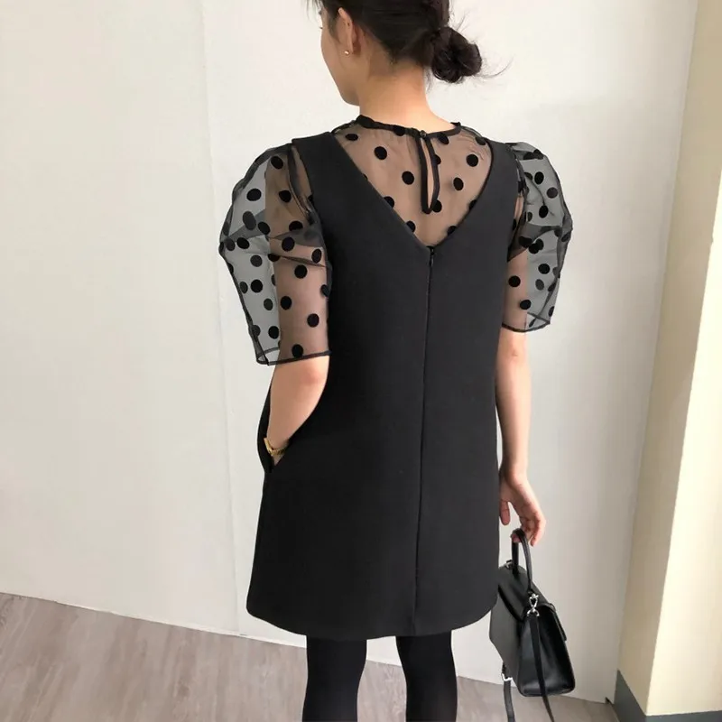 

CHICEVER Spring Two-piece Set Women Suit Dot Print Mesh Top Clothing With Sleeveless Tank Knee-length Dresses Female Suits New