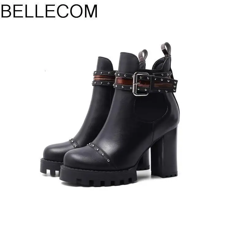 

BELLECOM Waterproof Platform High With Martin Woman Genuine Leather Chalaza Short ankle Boots for Leather ladies shoes zapatos