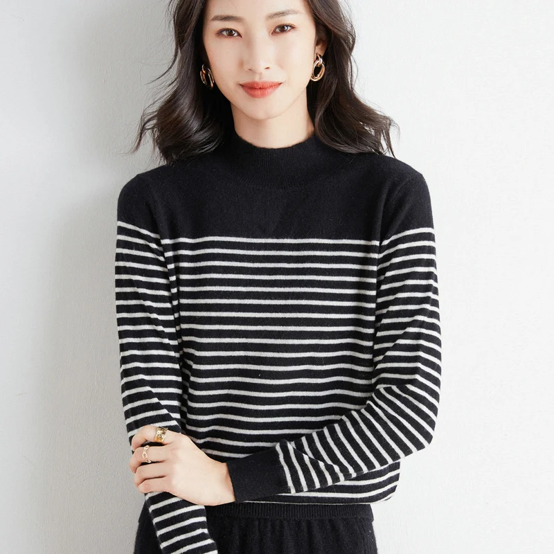 pullover sweater Autumn And Winter New Women Striped Cashmere Wool Blended Sweater Female Half-high Collar Knitted Pullover Thick Warm Jumper turtleneck sweater Sweaters