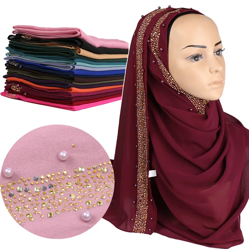 

Women's Bubbles Chiffon Scarf with Diamond Pearls Scarf Plain Hijab Shawls Wraps Solid Color Muslim Hijab Scarf