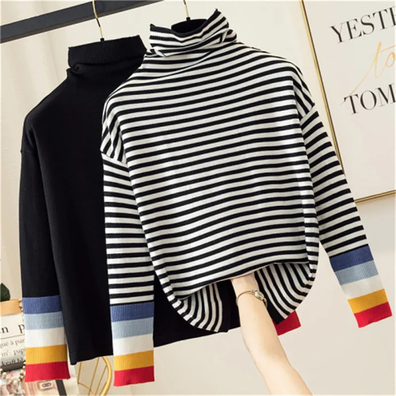 RUGOD Casual stripe patchwork knitted tops women Korean chic turtleneck knitted pullovers female new auturm oversized top