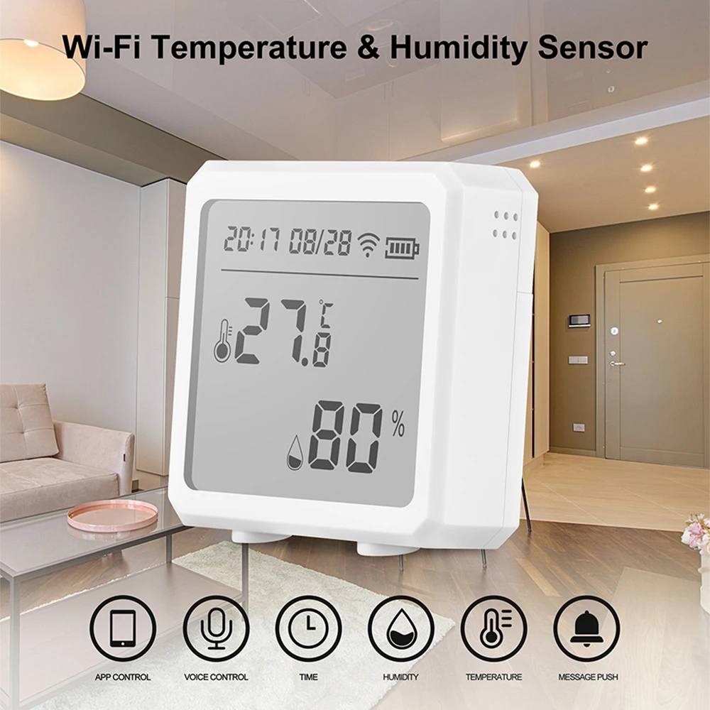 Alexa TENKY Tuya Thermomètre hygromètre intelligent Wifi Capteur d'humidité d'intérieur numérique sans fil avec écran LCD Fonctionne avec Google Assistant 
