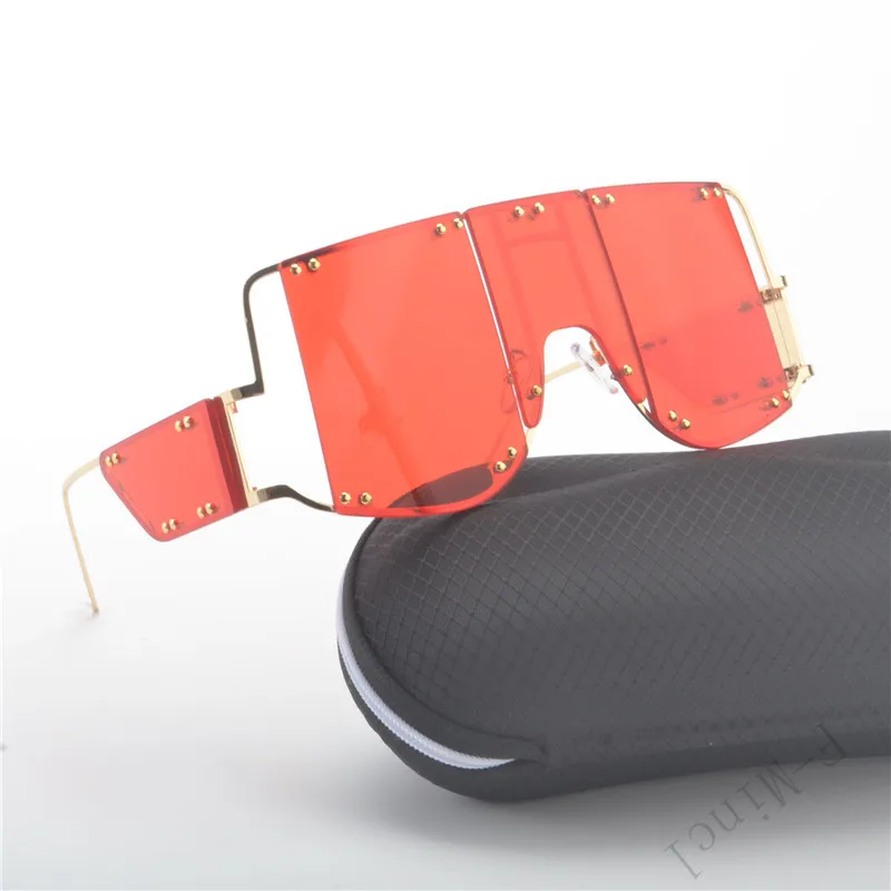 

Super Futuristic Oversize Shield Visor Sunglasses Flat Top Mirrored Mono Lens Fashion Lady Metal Frame rivet Sunglasses FML