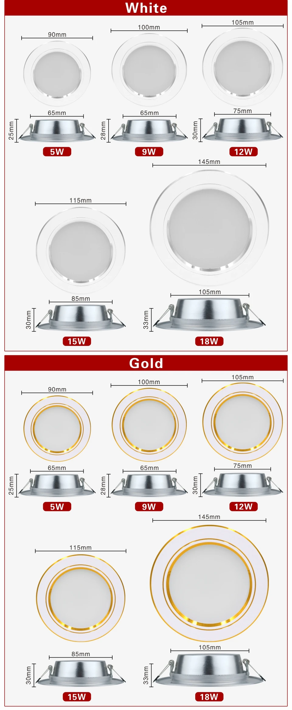 Led Downlight 220V 5W 9W 12W 15W 18W ​Ceiling Light Recessed Down light Round Led Panel Light LED Spot light Indoor Lighting