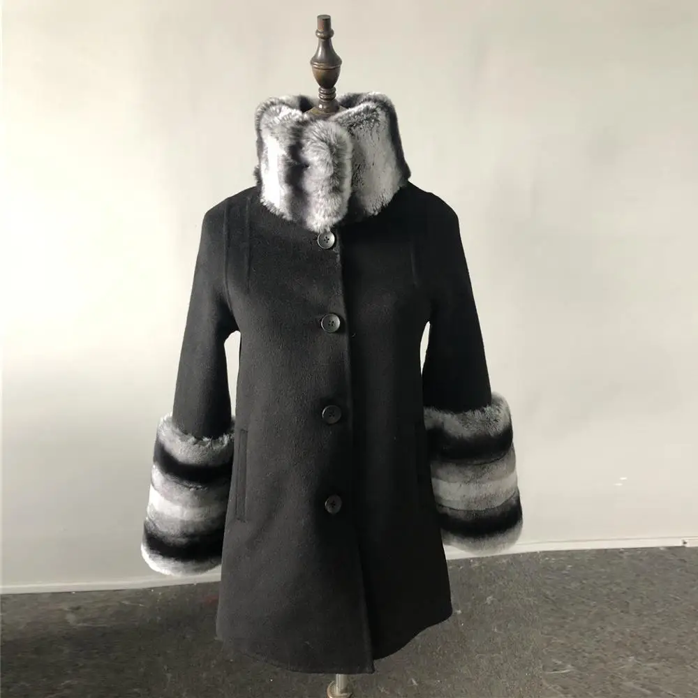 Women's Winter Cashmere Coat Warm Thick Real Rabbit Fur Collar Sleeves Gradient Color Matching Mid-length Luxury Woman Coat