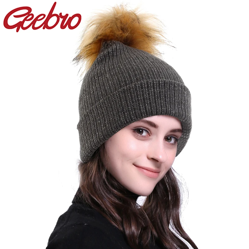 

Geebro Soft Knitted Fashion Multi-color Faux fur Pompom Hat Winter Women Hat beanie for women Warm Female Fur Cap