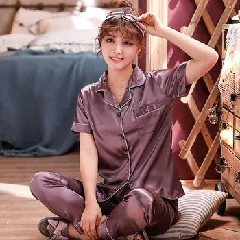 

Summer Pajama Sets Silk Pijama Short Sleeve Silk Pajamas Women Sleepwear Pyjamas Plus Size M-5XL 85kg Nightwear Sets Sleepwear