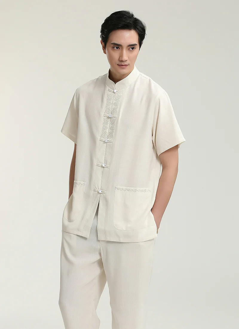 Китайский стиль, китайский стиль, лен, 2710-1 китайский костюм, мужской топ с длинными рукавами, рубашка с длинными рукавами среднего возраста/комплект