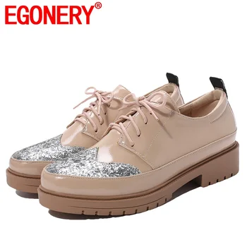 

EGONERY european women's flats shoes casual student brock shoes lace-up loafers shoes autumn artificial leather sequins shoes