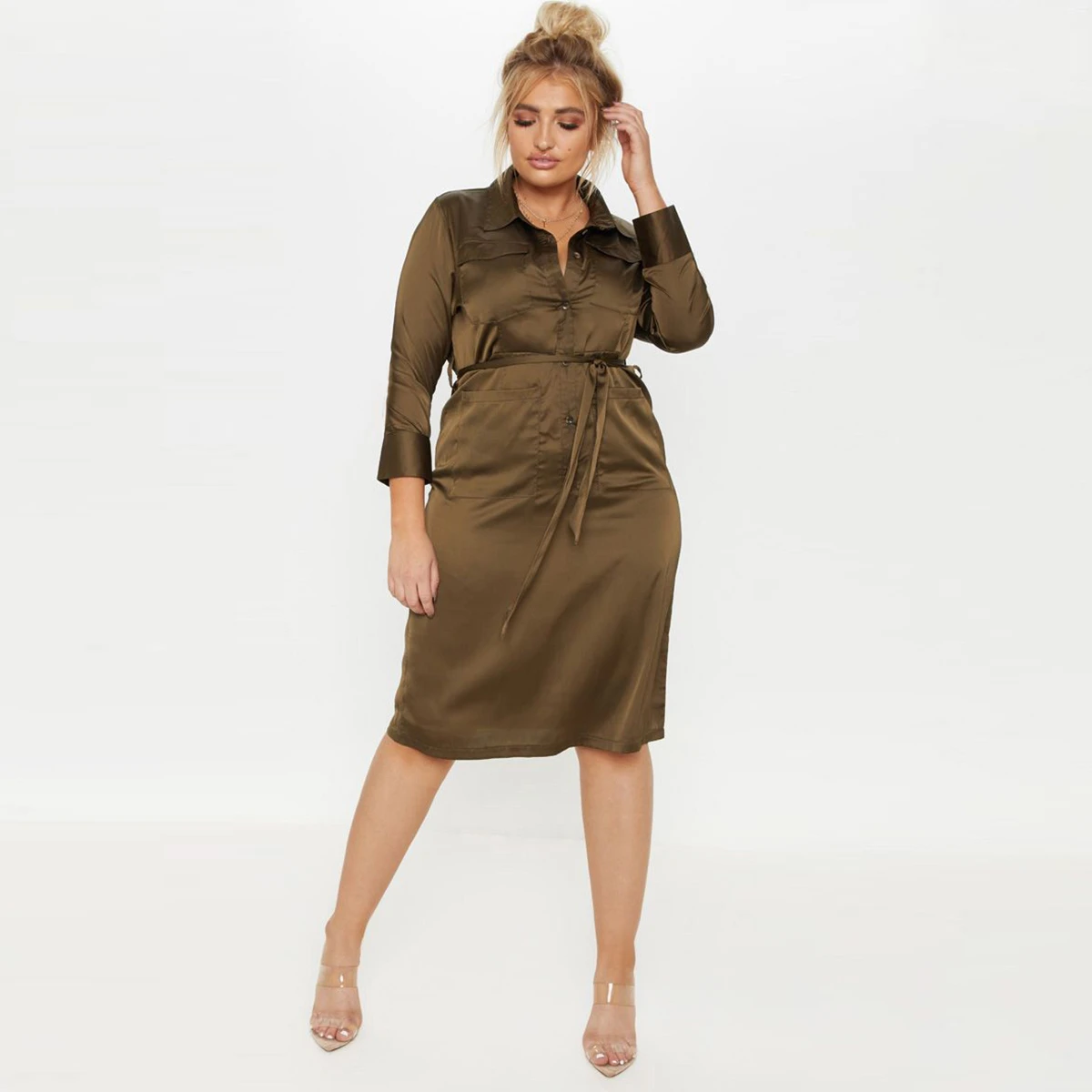 

Kissmilk Plus Size Women Clothes Turn-down Collar Knee-length Regular Sleeve Solid Color Empire Straight Dress