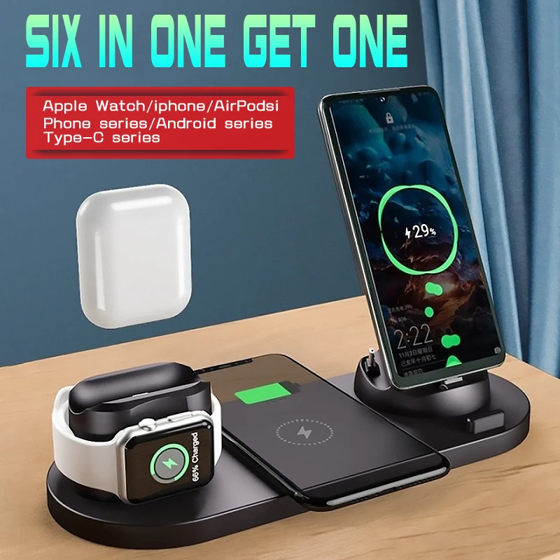 2021 6 in 1 Wireless Charger Dock Station for iPhone/Android/Type-C USB Phones 10W Qi Fast Charging For Apple Watch AirPods Pro