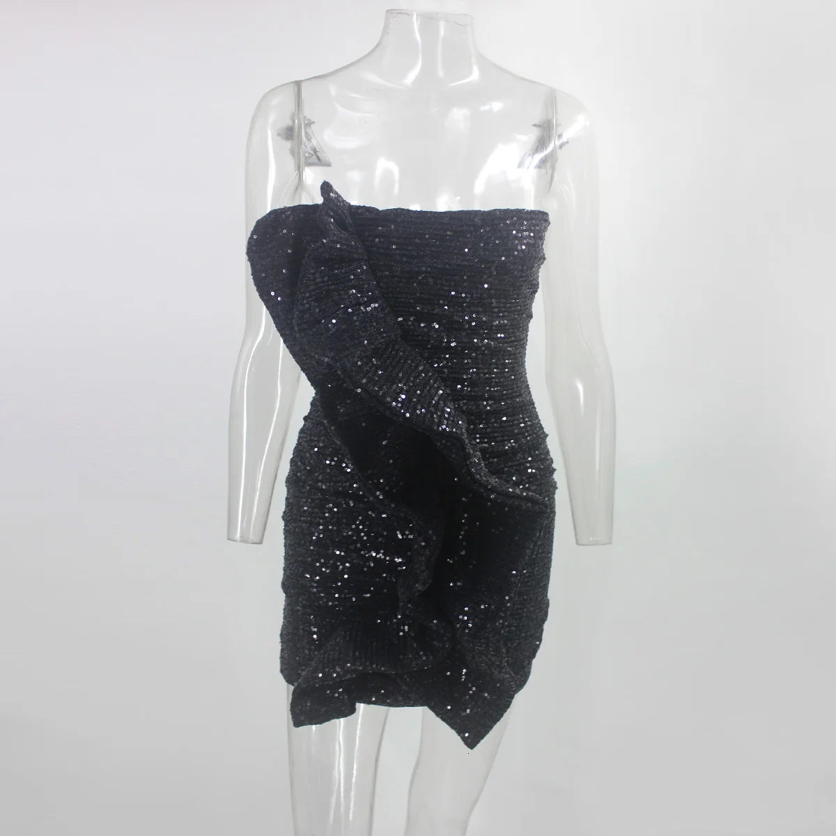 COSYGAL, платье без бретелек с оборками и блестками, женские вечерние платья, Клубная одежда, сексуальные платья, светоотражающие облегающие платья Vestidos - Цвет: Black