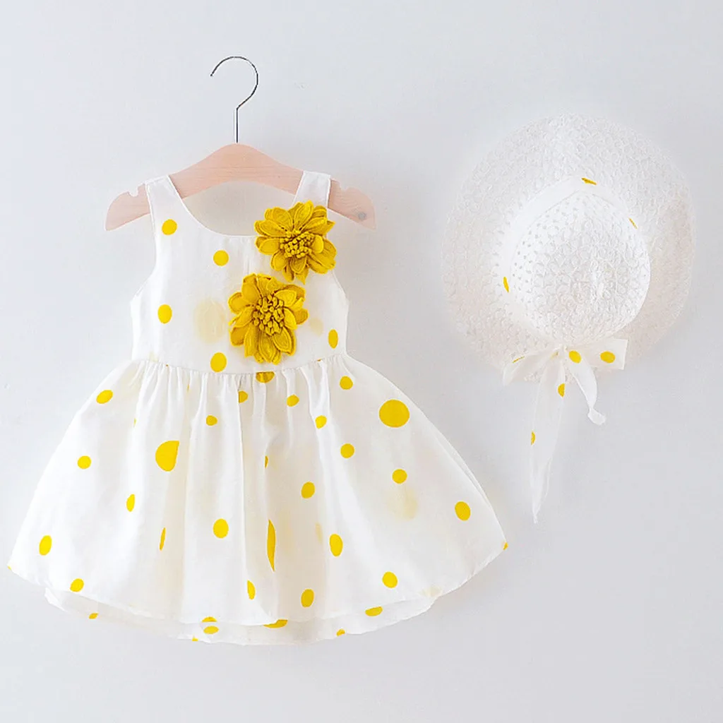 Платье принцессы в горошек с цветочным принтом для маленьких девочек+ шапочка, Одежда для девочек детская одежда Conjunto Infantil