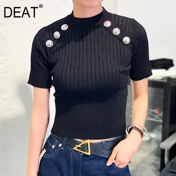 

DEAT 2020 New Summer Fashion Tide Casual Round Collar Short-sleeve Knitwear Women Slim Double-breasted Solid Color Top SB834