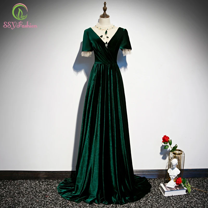 Женское винтажное платье со шлейфом SSYFashion элегантное зеленое велюровое с