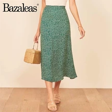 Bazaleas, винтажная Женская юбка миди, ретро шифоновая юбка для отдыха, зеленая Женская юбка с цветочным принтом и высокой талией
